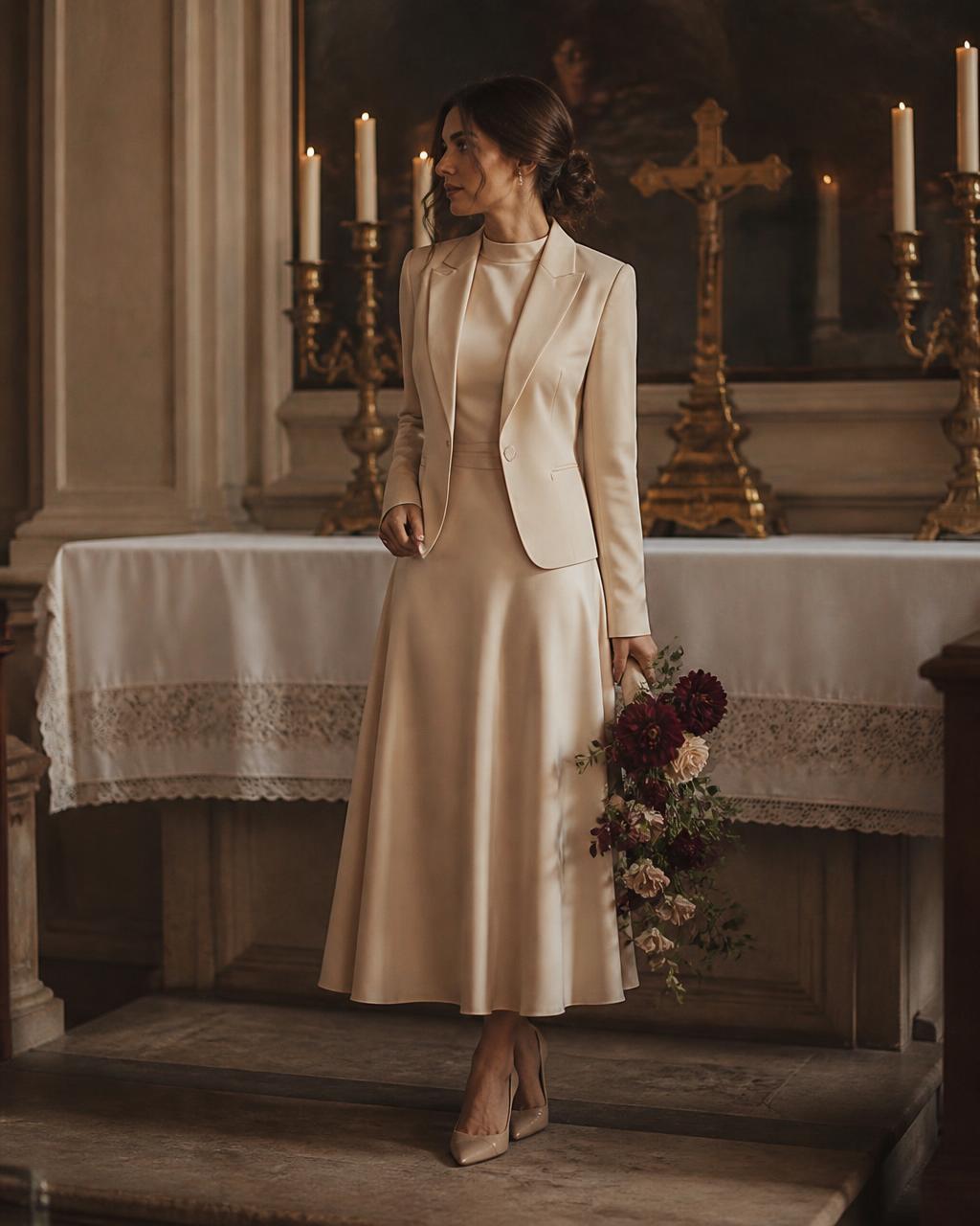 Mulher elegantemente vestida com vestido midi e blazer ao lado do altar